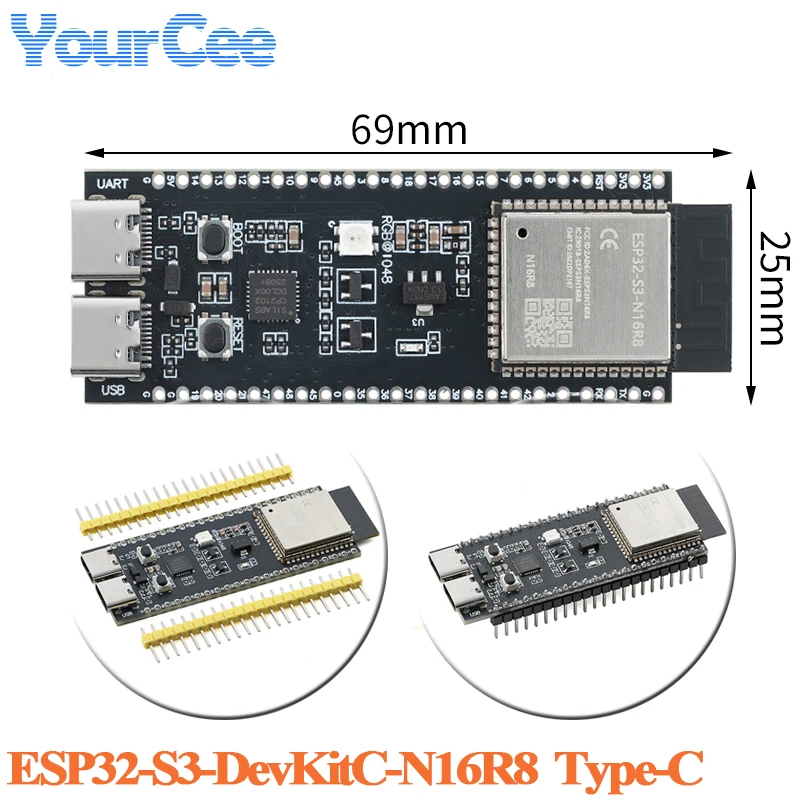 ESP32-S3-DevKitC-N16R8 ESP32S3 Wireless Bluetooth-Compatible Dual Core 32-bit MCU Core Development Board Module Type-C 12Bit ADC