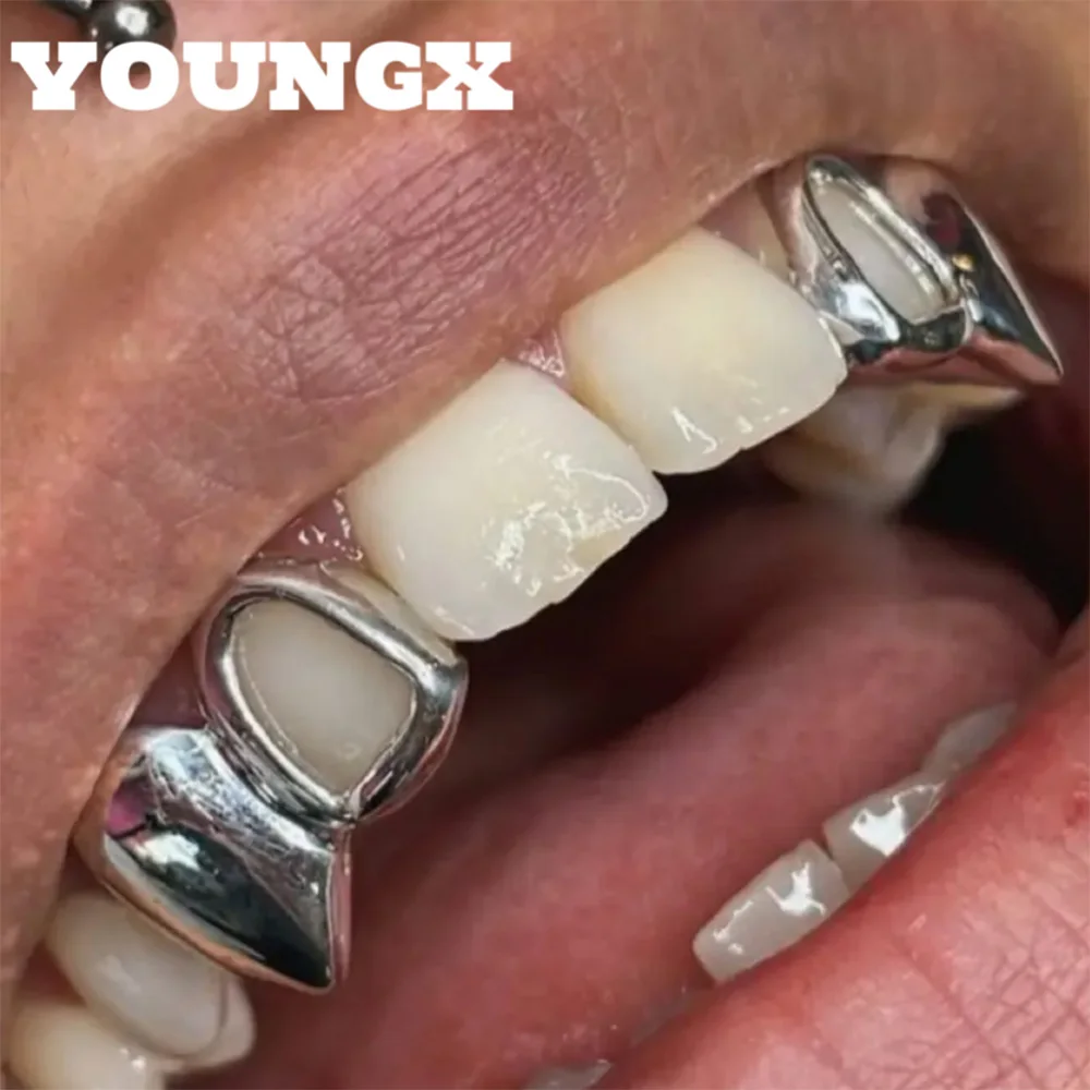 YOUNGX-tapas de dientes brillantes con doble hueco para hombre y mujer, joyería de Hip Hop, parrillas de dientes de boca Vintage, regalo de Cosplay de vampiro para Halloween