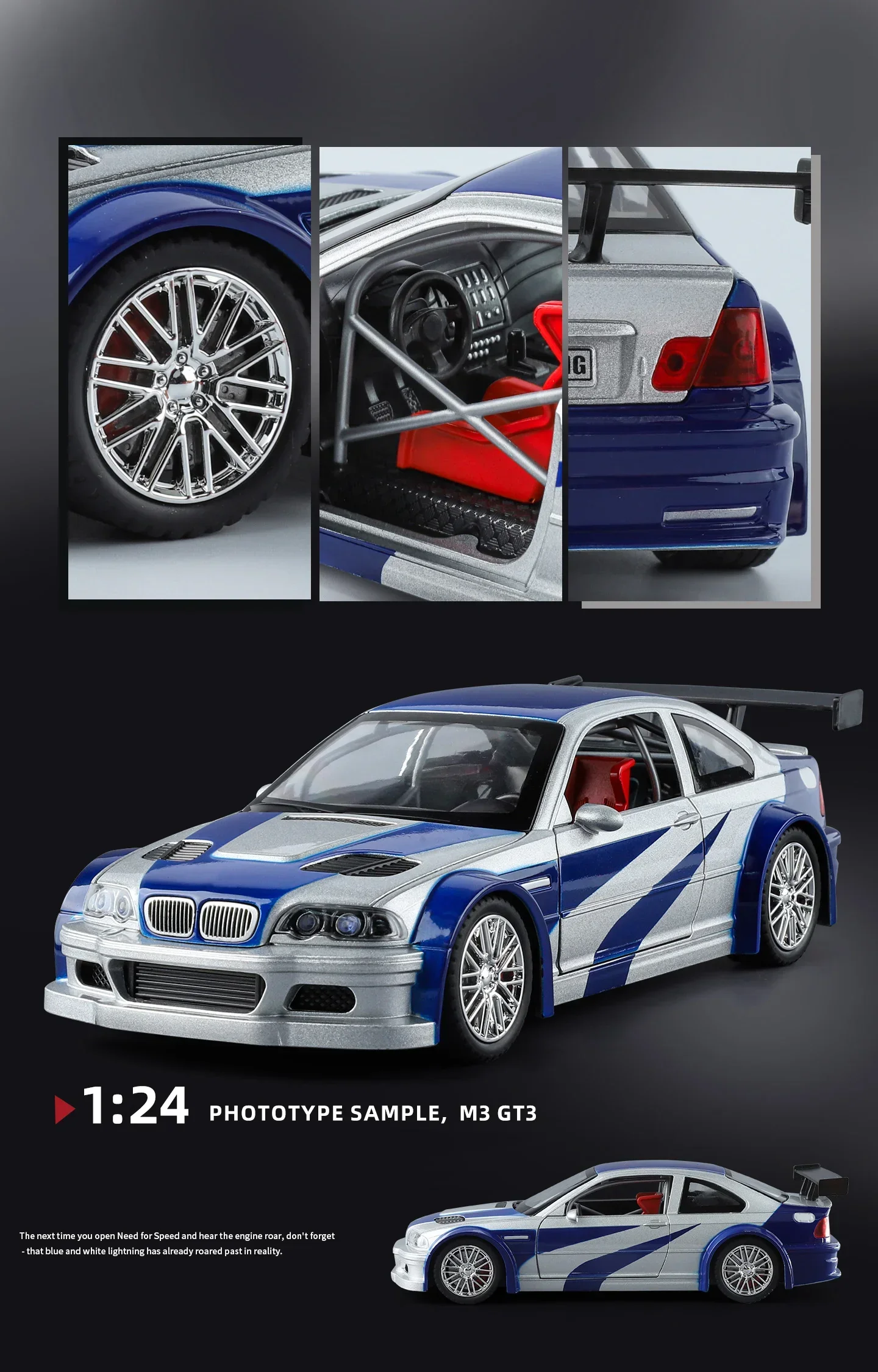 1:24 M3 GTR E46 Racing Alloy Metal Diecast Model Car Sound and Light Pull Back Collectibles Hobby Birthday