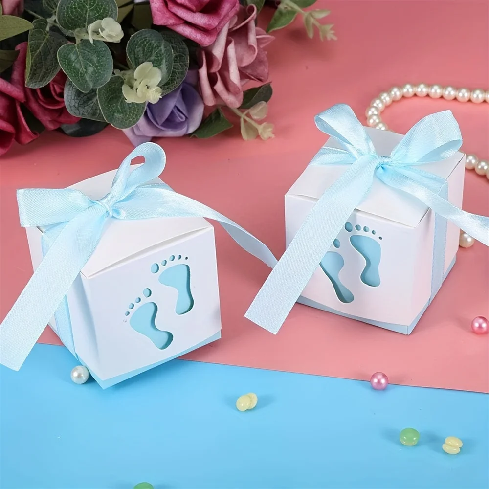 15 unids/pack caja de dulces con huella azul y rosa con cinta, revelación de género, Baby Shower, suministros de decoración de boda y compromiso