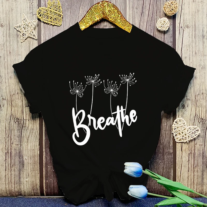 Dandelion Breathe Print T Shirt Fans Summer Casual Short Sleeve Tee Cute Loose T Shirts