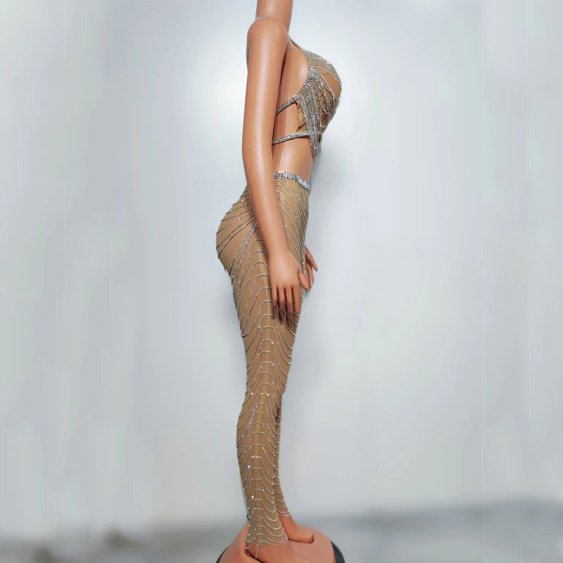 Diamentowe Przezroczyste Frędzle Łańcuszki Stroje Damskie Kostiumy do Tańca na Rurze Gogo Bar Klub Nocny Dj Ds Scena Impreza