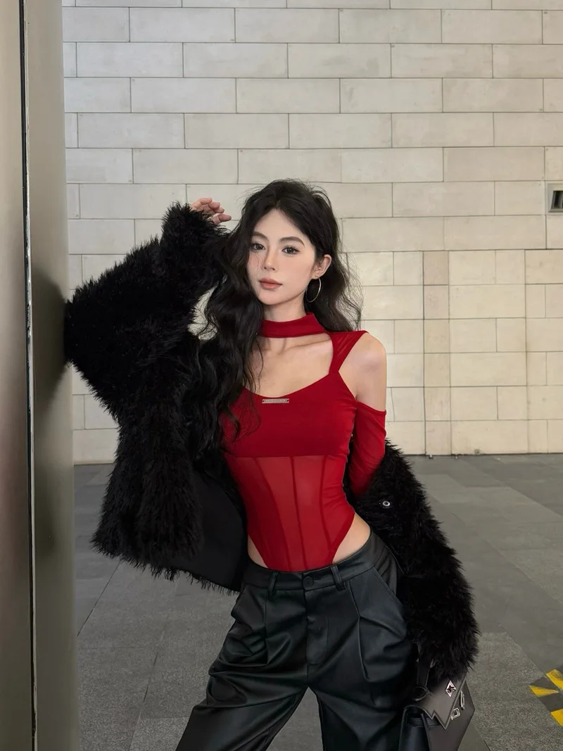 매혹적인 바디수트 긴팔 시스루 바디수트 오프숄더 시스루 바디수트 몸매를 돋보이게 하는 아메리칸 스타일 레오타드