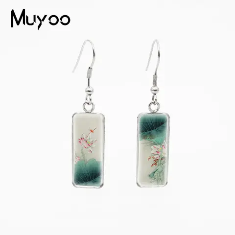 New Arrival Traditional Chinese Landscape Painting Handcraft Rectangle Glass Cabochon Fish Hook Dangle Earrings