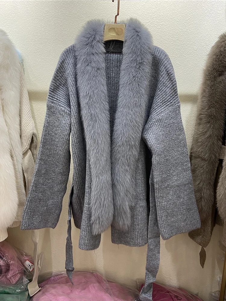 Women Spring Removable Real Fox Fur Collar Knitting Sweater Coat Lady's Fashion Autumn Fur Loose Sweater with Belt Length 70cm