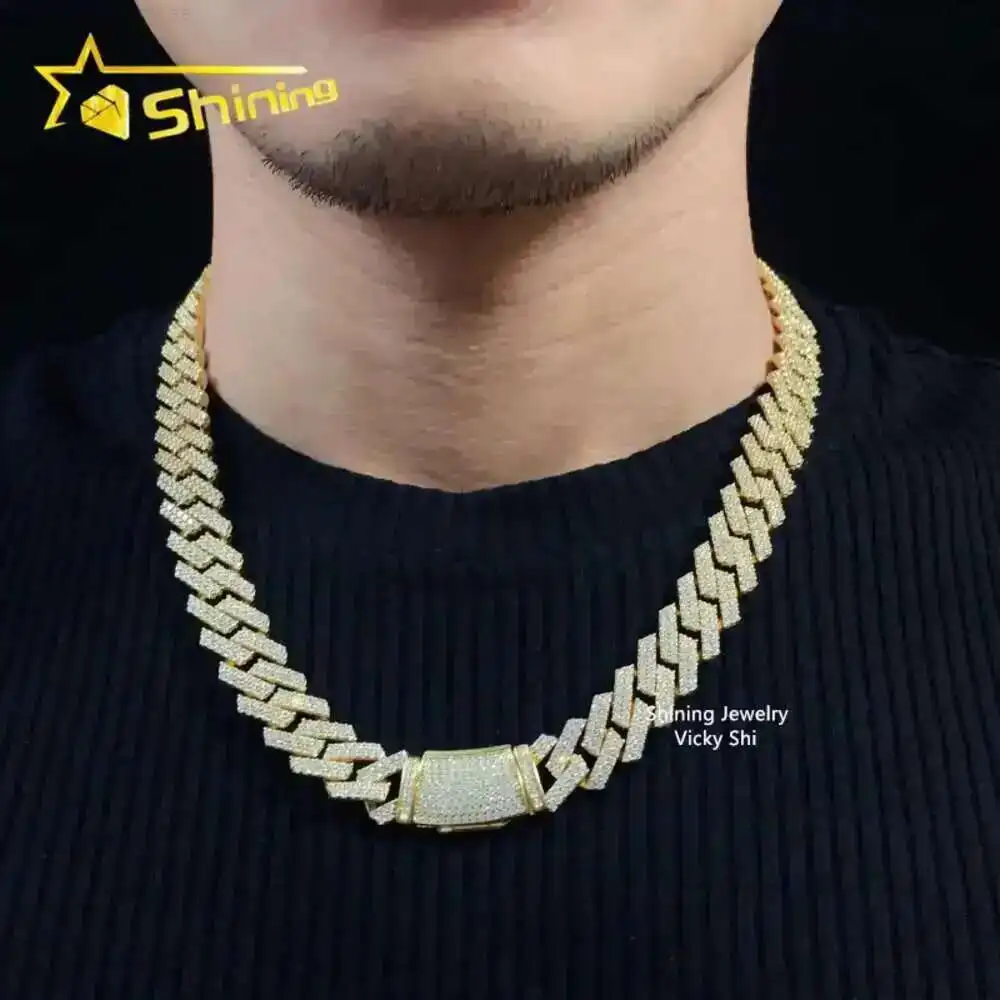 

Hip Hop Jewelry 925 Silver Gold Plated 13mm Iced Out Necklace Vvs Moissanie Diamond Miami Cuban Link Chain