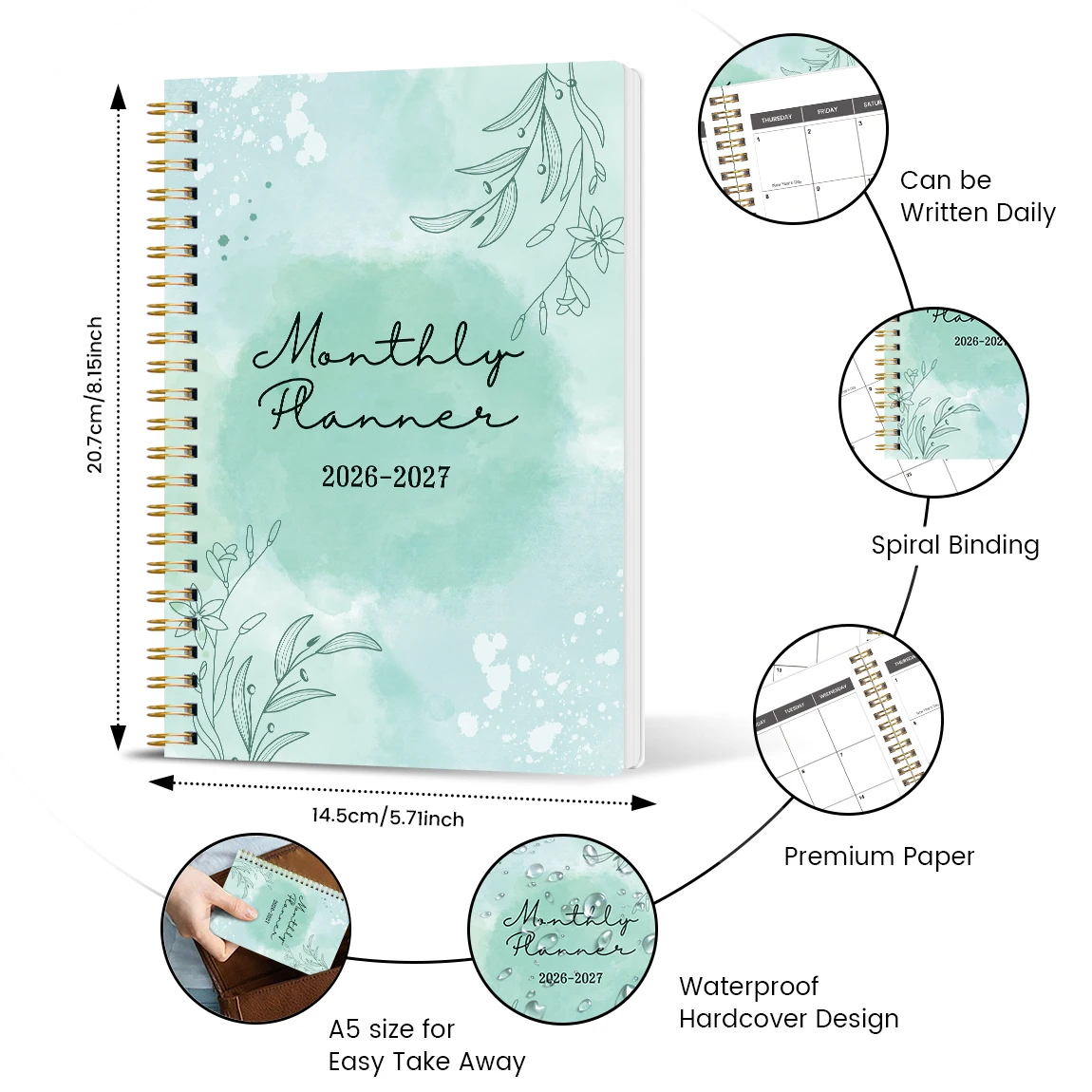 2026-2027 مخطط أسبوعي وشهري A5 – يناير 2026 إلى ديسمبر 2027 منظم حلزوني مع التقويم والملاحظات واللوازم المدرسية والمكتبية