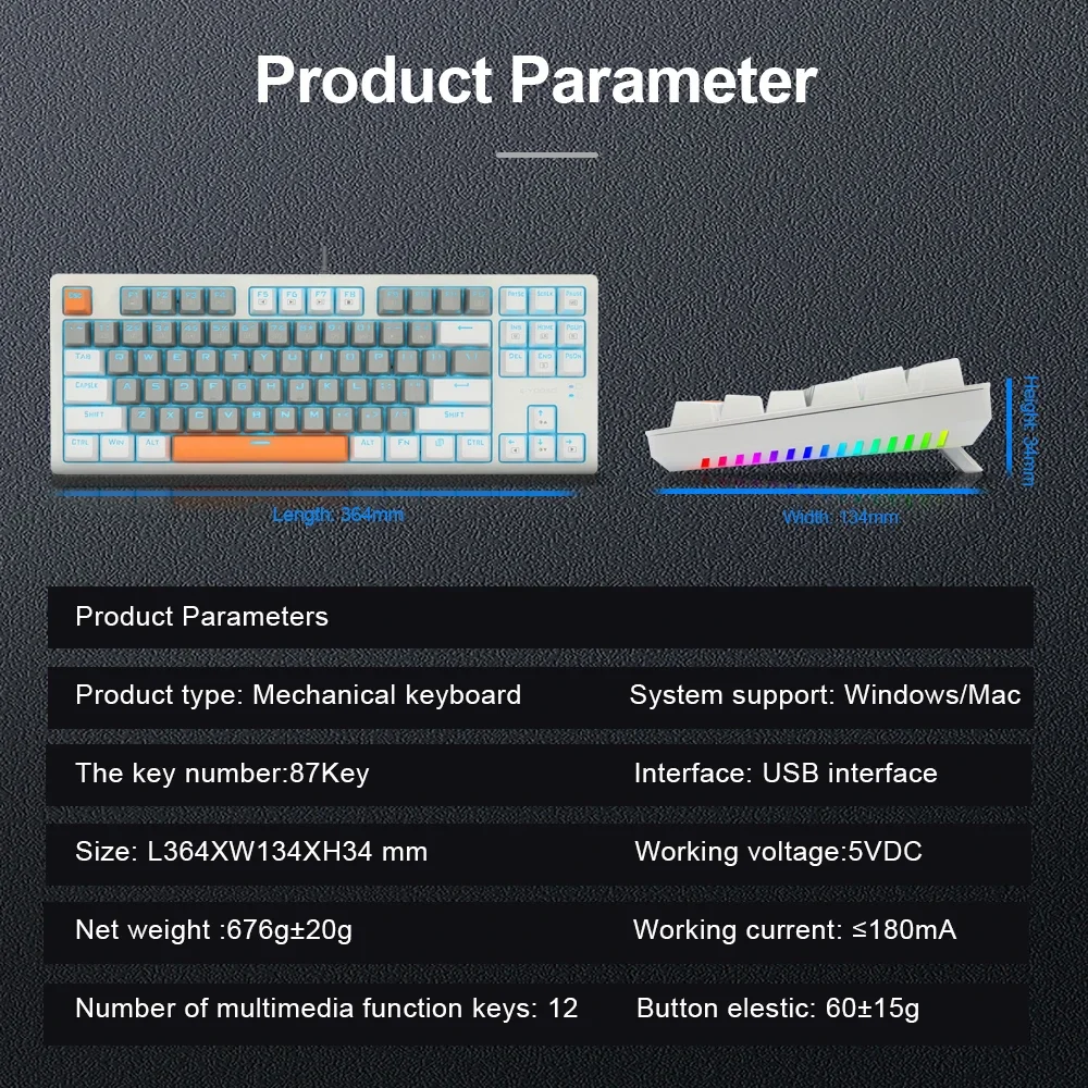 Teclado mecánico USB para jugar con cable, interruptor rojo azul, retroiluminado con LED monocromático, 87 teclas