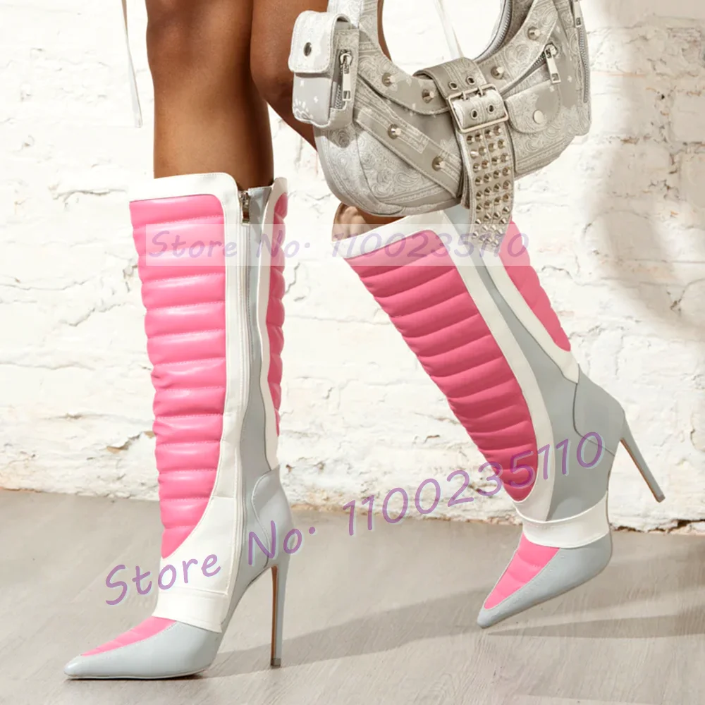 Pink Colorblock Stiletto Mid Calf Boots Women Novelty Pointed Toe Side Zipper Shoes Female Streetwear High Heels Biker Boots