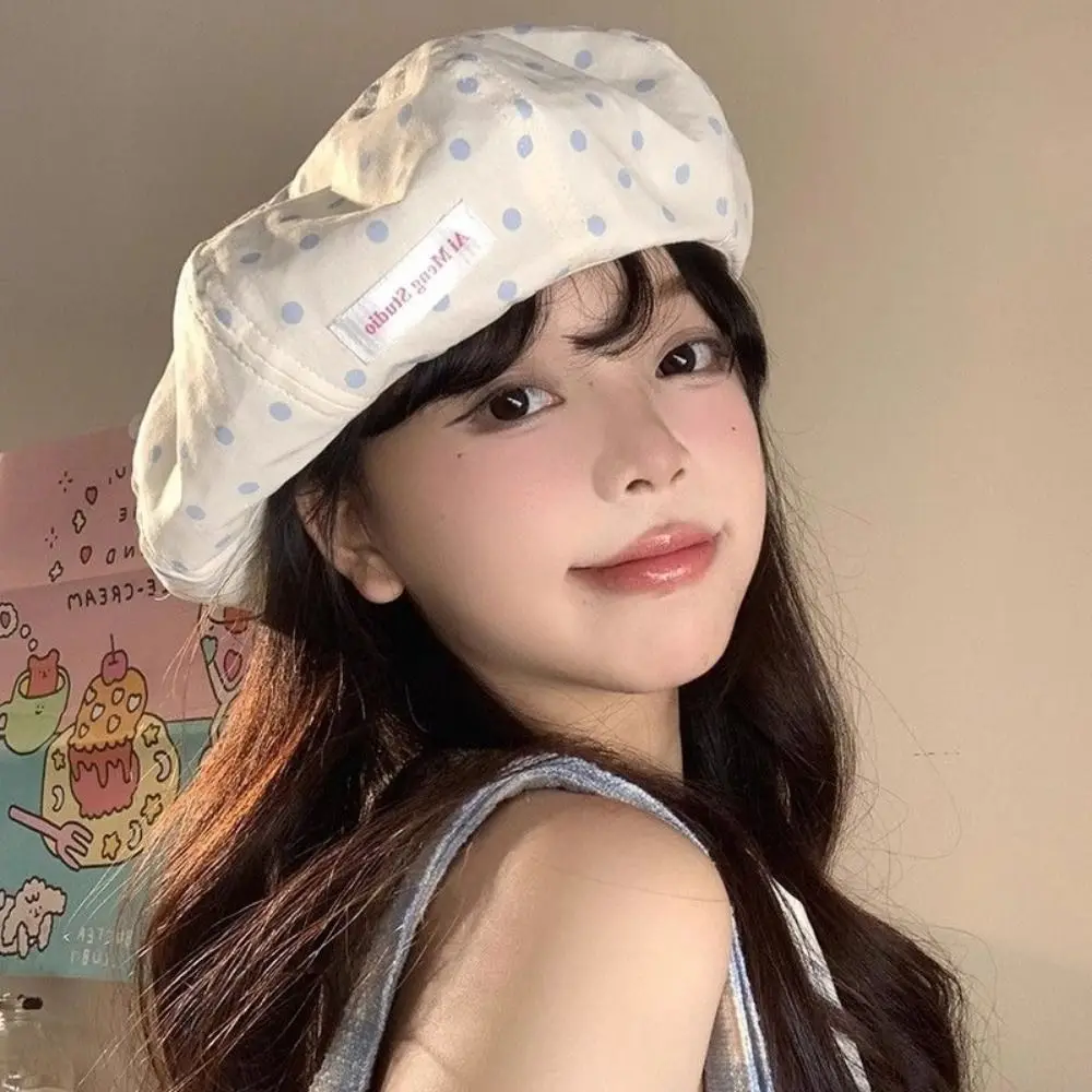 New Japanese Blue Polka Dot Beret Versatile Sweet Literary Painter Hat Spring Summer Women Thin Dome Star Anise Cap