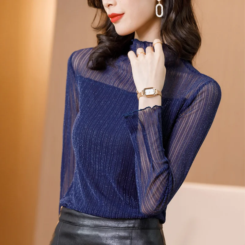 TingYiLi Turtleneck Striped Metallic Mesh Top Spring Autumn Slim Fitted Sheer Long Sleeve T-shirt Women Sexy Bodycon Blue Blouse