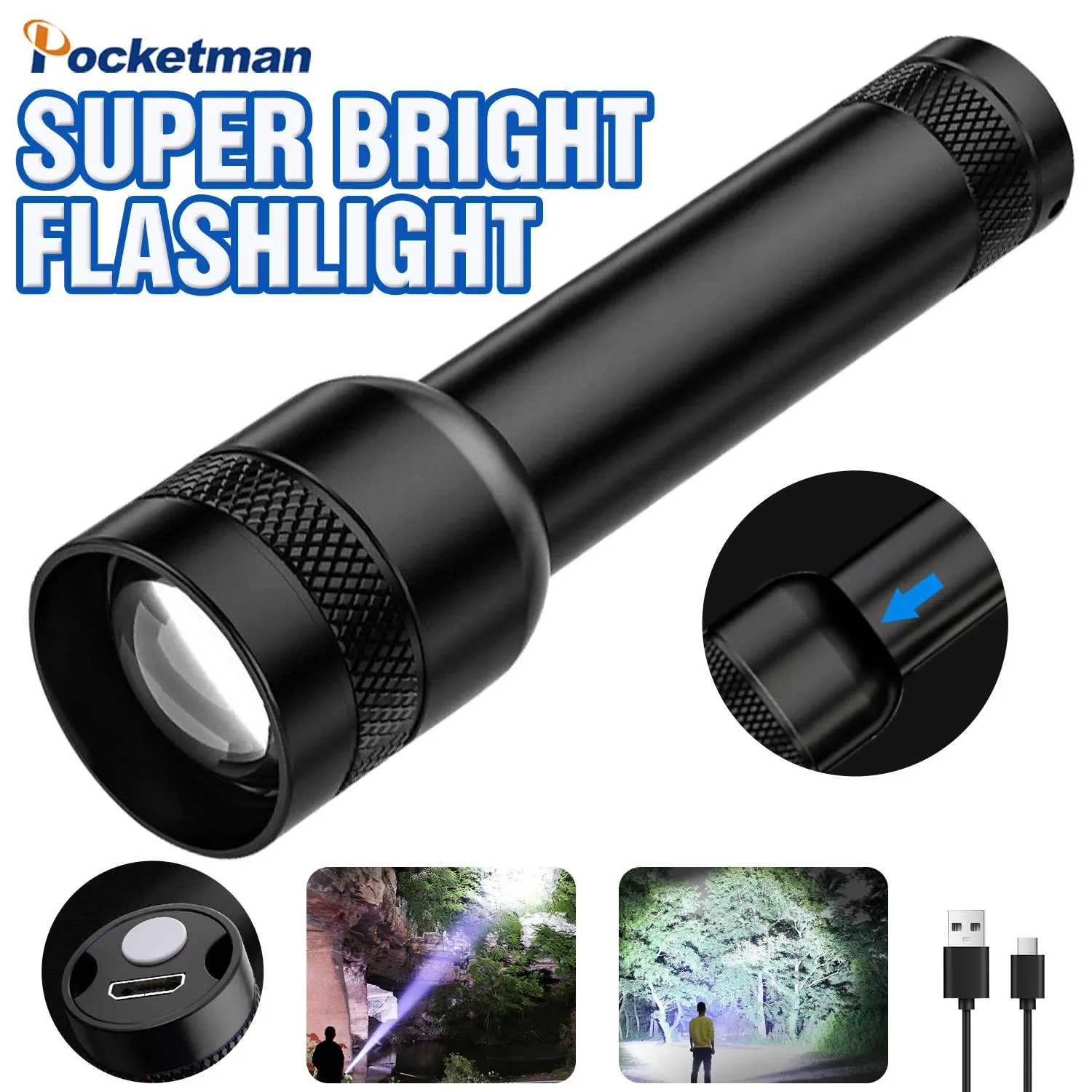 

Super Bright LED Flashlight Aluminum alloy Telescopic Zoom Torch USB Rechargeable 3 Modes Flashlights for Camping Hiking Hunting