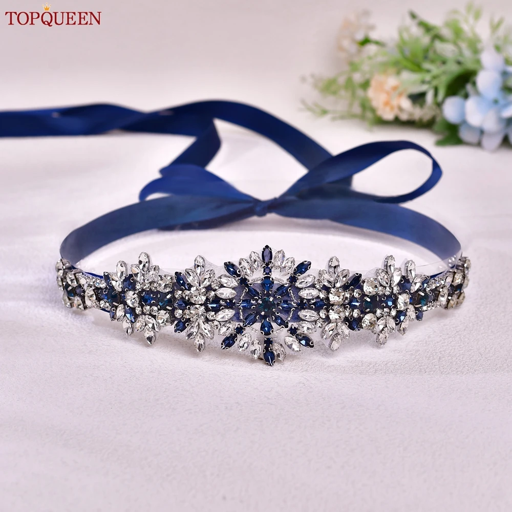 TOPQUEEN كلاسيكي الأزرق الداكن حزام ملابس حزام الزفاف الماس والمجوهرات التصحيح وصيفه الشرف التعادل حزام فستان الزفاف الخصر الديكور S319