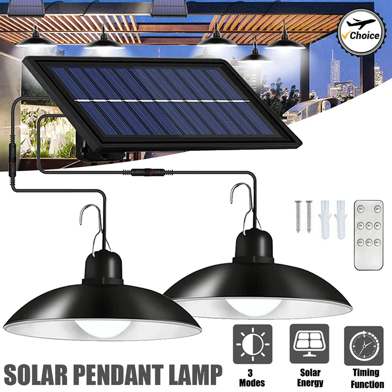 

2/1 Head Solar Pendant Light Remote Outdoor Lamp Waterproof Power Garden Chandelier Indoor Garden Yard Shed Barn LED with Remote