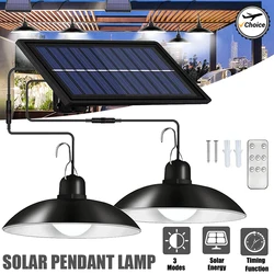 Solar Pendant Light com controle remoto, lâmpada ao ar livre, poder impermeável, jardim candelabro, interior quintal Shed celeiro LED, 2 cabeça, 1