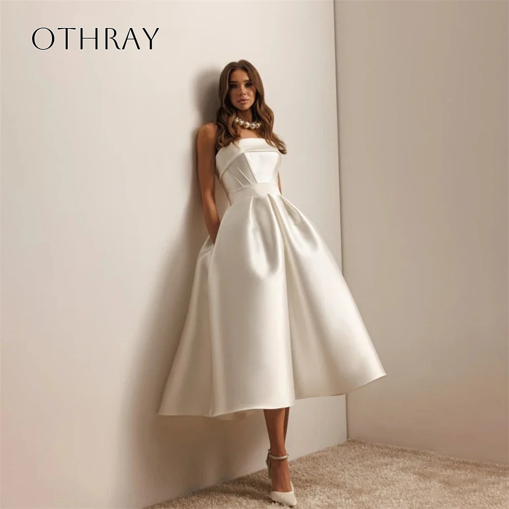 Satin Strapless A-line Short Cocktail Dresses Pockets Tea Length Pleated Customized свадебное платье