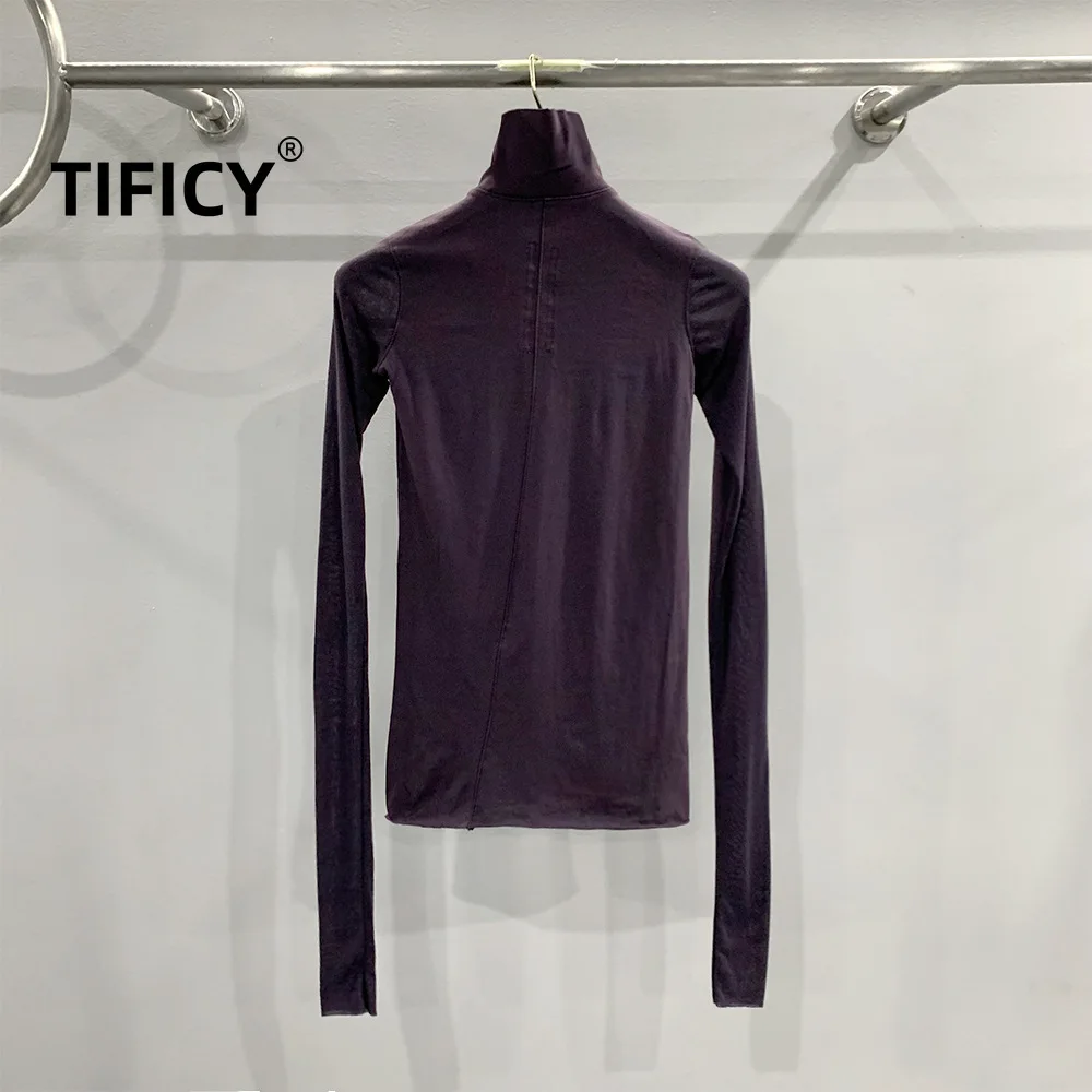 TIFICY Cotton Women's Dark Purple Ribbed Patchwork Tight Fitting Half High Neck Long Sleeved Top Slim Fit Base TShirt Tops