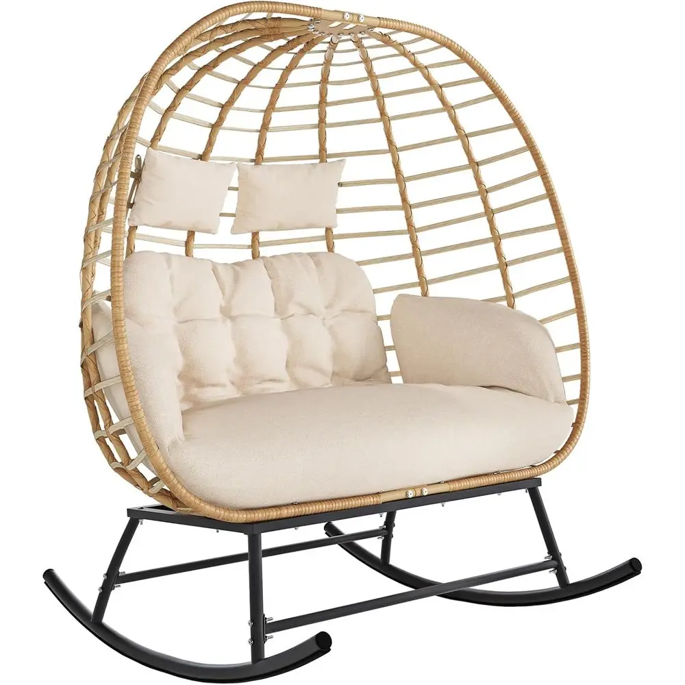 

Egg-shaped Rocking Chair with Cushions for Outdoor or Indoor Use, 2-Person Patio Swing, Supports 680 lbs, Beige