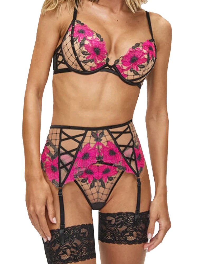 Belamimi Luxury Floral Embroidery Hollow Out Sheer Mesh Shapewear Lingerie Set Sexy Perspective Underwear Club Party Outfit