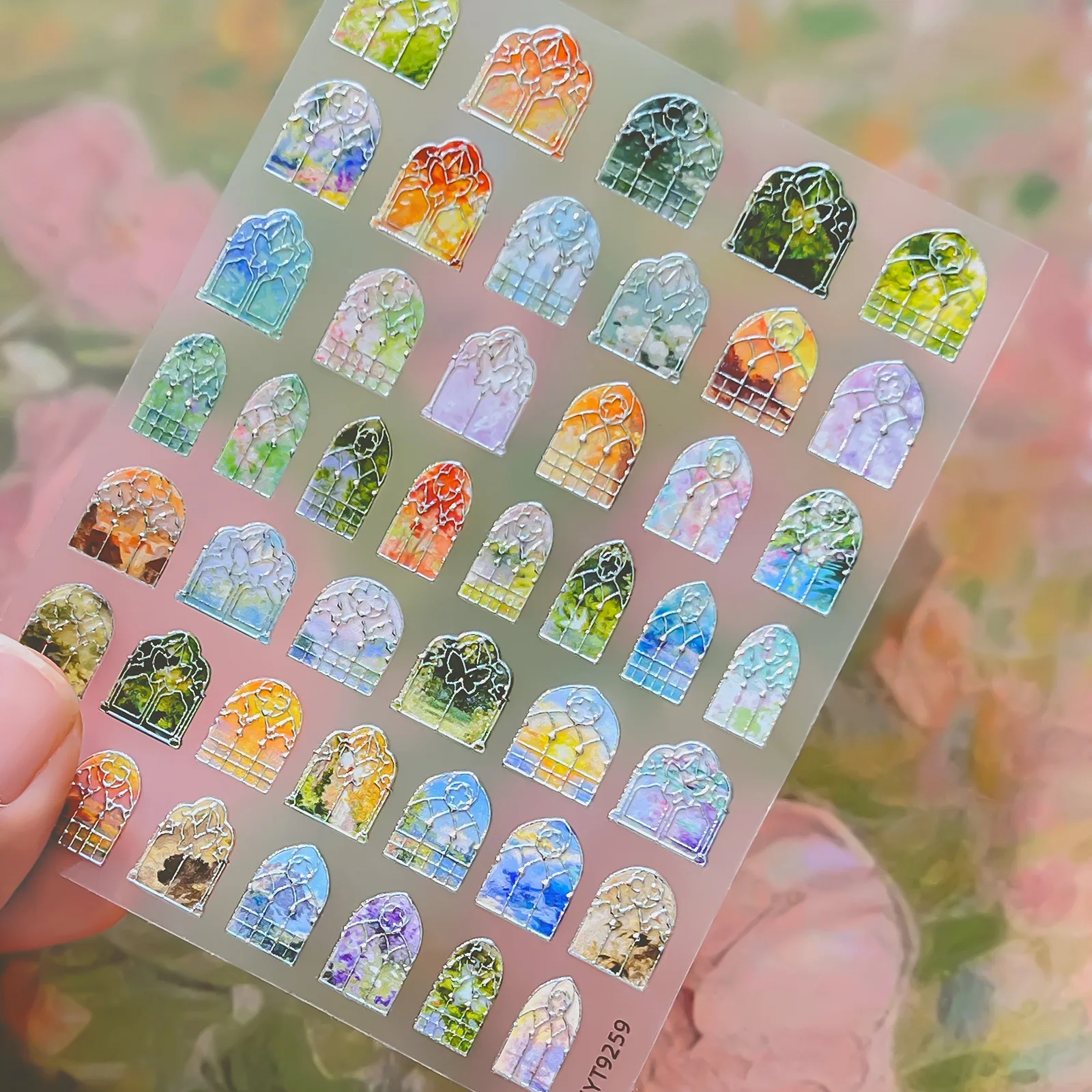 5D Embossed Church Window Stained Glass Nail Stikcers Gold Silver Line Colorful Gothic Church Window Decals Manicure Accessories