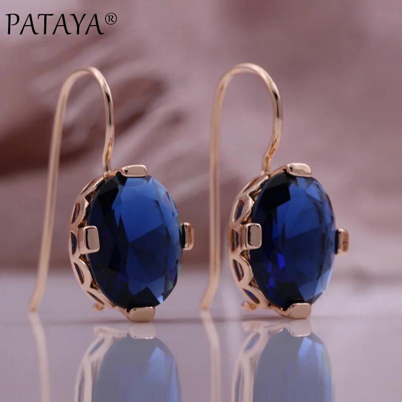 PATAYA New Blue Round Natural Zircon Women Drop Sets 585 Rose Gold Color Dangle Earrings Christmas Gift Fine Fashion Jewelry Set