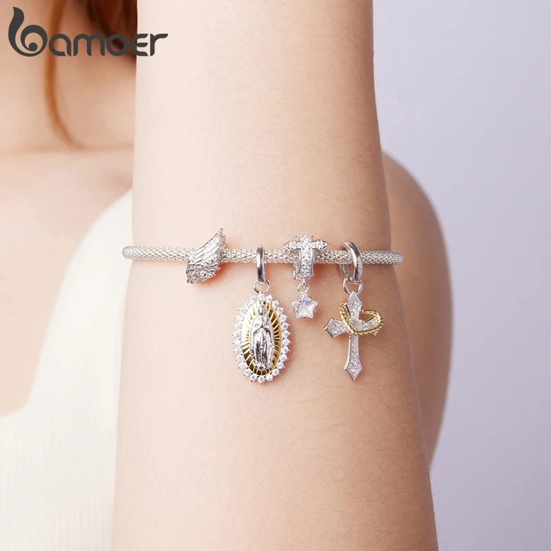 Bamoer 925 Sterling Silver Two-tones Virgin Mary Pendant Cross Charms Guard Wings Beads for Loved Women DIY Bracelet Accessories