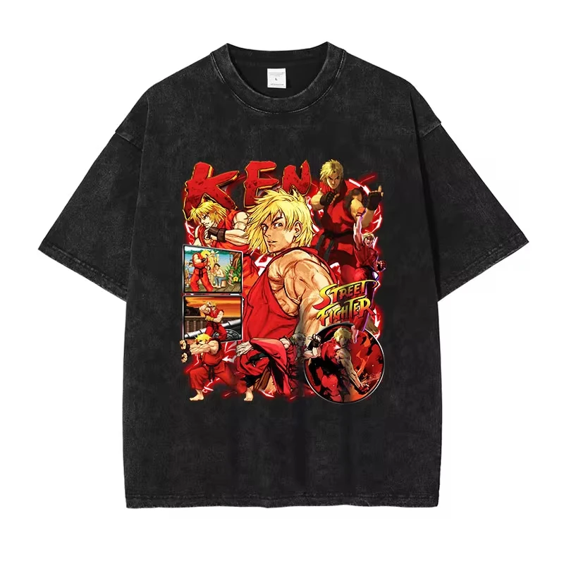 Street Fighter Ken Ryu Guile T Shirt Pc Fighting Games Vintage Washed Tops Tees Hip Hop Short Sleeve Oversized T-shirt Cotton