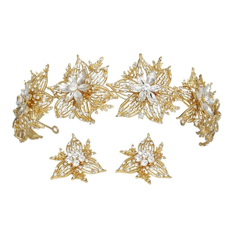 2Pcs Fashion Gold Silver Color Crystal Rhinestone Headbands Earrings Set For Bride Women Wedding Hair Accessories Head Jewelry