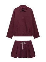 Casual Women 2 Pieces Sets Waist Lace Up Lantern Edition Mini Skirt Sets Solid Pocket Decorative Jacket Top Women's Set - Image 2
