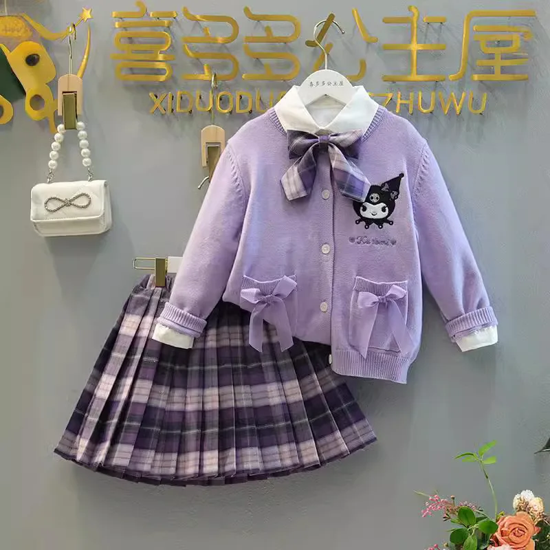 Sanrio Girls' Jk Set 2024 Spring Outfit New Kuromi Cartoon College Style Sweater Long Sleeved Shirt Children'S Three Piece Set