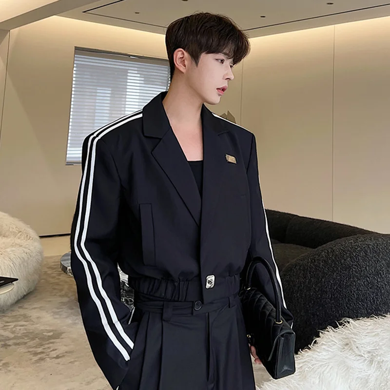 IEFB-Ensemble deux pièces à rayures pour hommes, pantalon court imbibé, pantalon large, manches longues, vêtements décontractés pour hommes, mode