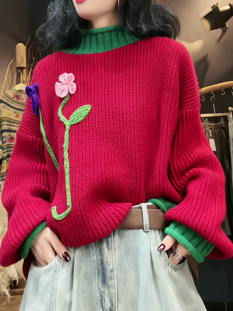 

Red Crew Neck Sweater, European Style Autumn Winter New Women's Fashion 2025 High-end Beautiful Niche Outfit Top