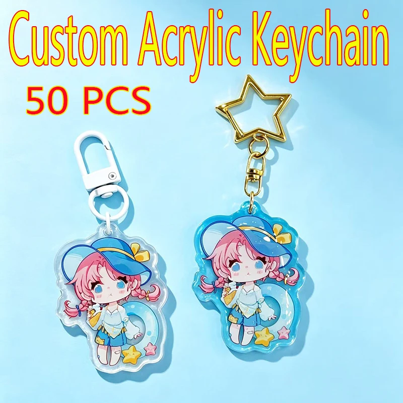 Custom 50PCS Anime Acrylic Keychain Personalized Logo Cartoon Pendant Photo Transparent Glitter Charm Holographic Designer Keych
