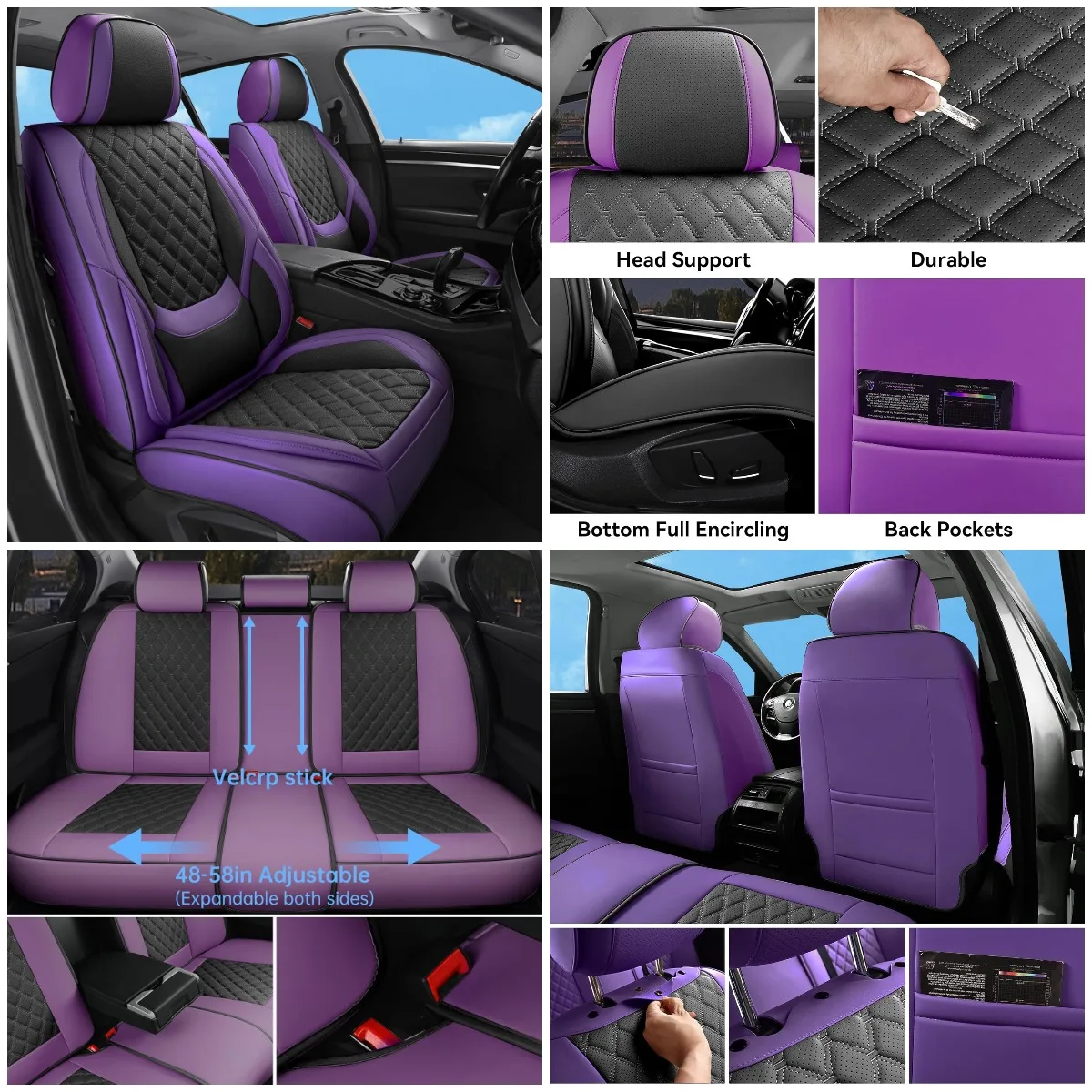 

Purple Black Faux Leather Car Seat Covers Full Set, Waterproof Non-Slip Universal Fit for Cars SUVs Trucks