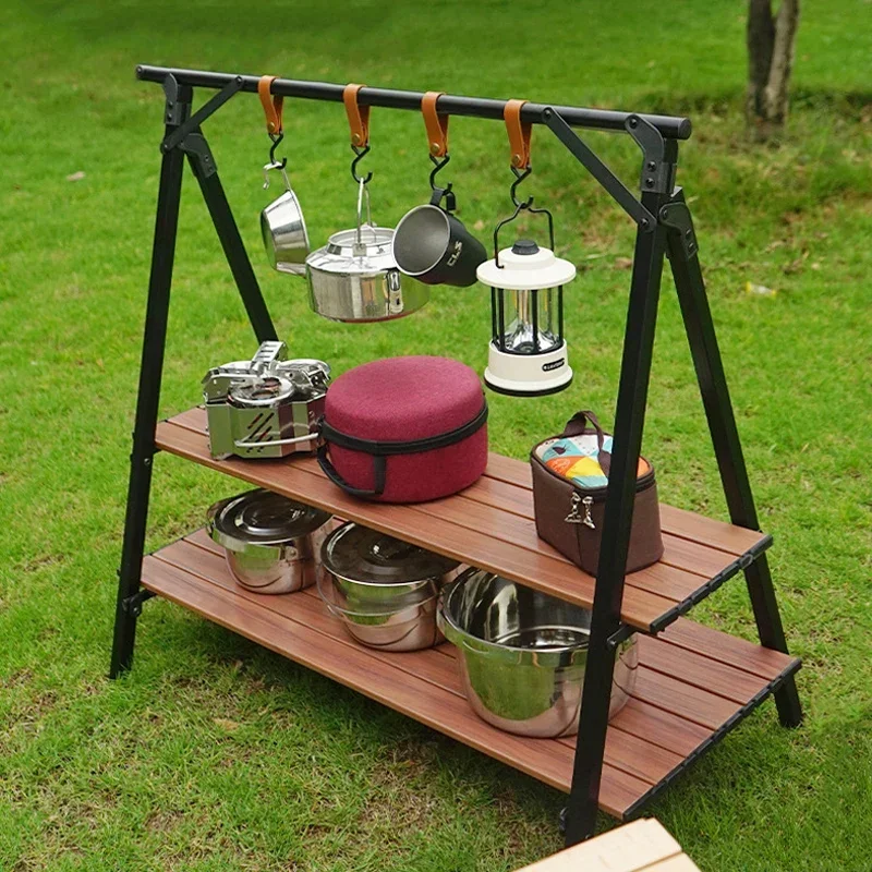 Outdoor Aluminum Alloy Double-Layer Storage Rack, Camping Multi-Functional Folding Storage Table, Picnic Tableware Storage