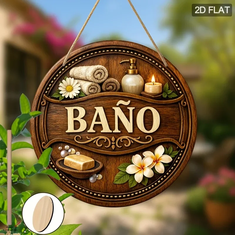 2D planares, 1-teiliges spanisches Badezimmer- und Toiletten-Dekoschild aus Holz, kreisförmiges dekoratives Logo, geeignet für Zuhause und Geschäfte