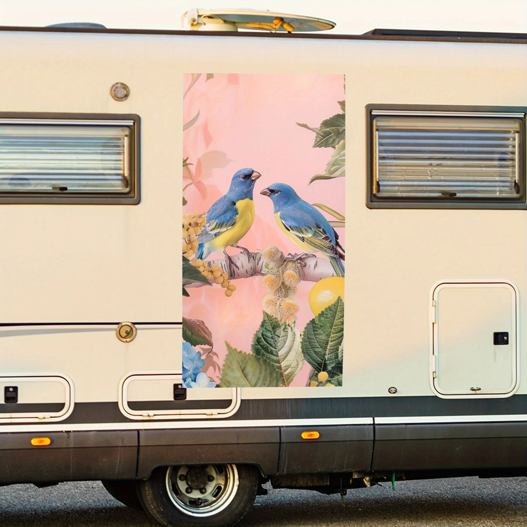 

Художественная наклейка с синими птицами и желтыми фруктами, виниловая наклейка для двери автомобиля на колесах, водонепроницаемые самоклеящиеся виниловые наклейки, украшение