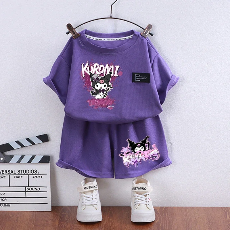 Kuromi Children T-Shirts Shorts Set Anime Sanrio Summer Tops Short Sleeves Pants Suit Pajamas Home Wear Clothes Kids Tracksuit