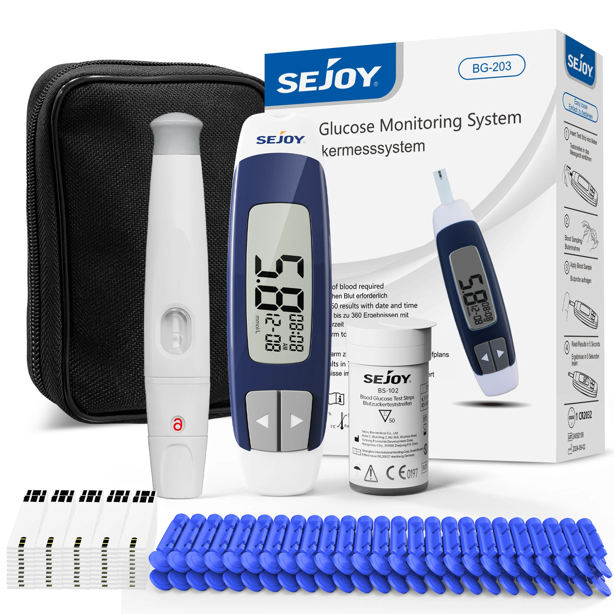 Kit de lecteur de glycémie Sejoy BG-203, 50 bandelettes de test et lancettes pour moniteur de diabète, glucomètre numérique, lecteur de glycémie, bandelettes de test vendues séparément