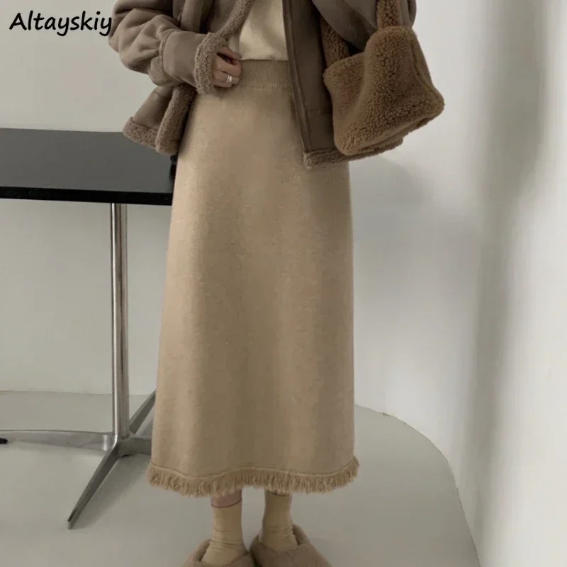 

Tassels Midi Knitting Skirts Women A-line High Waist 7-Colors Harajuku Minimalist Y2k Clothes Streetwear Korean Fashion Vintage