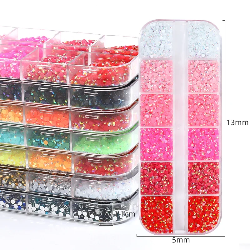 12 Grid 7 Color Round Shape Resin Glue-on Flatback Rhinestones DIY Nail Art Wedding Dress Decoration Jewelry