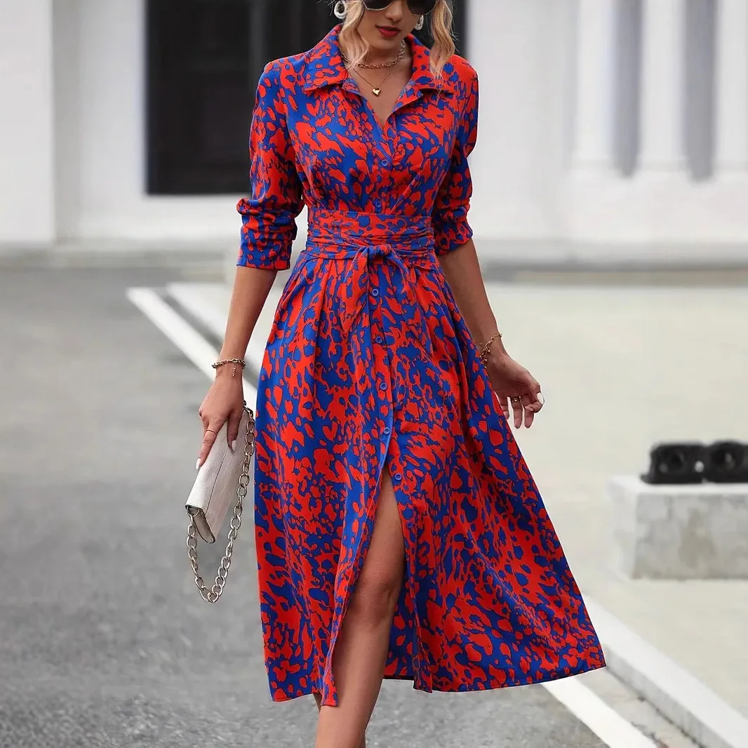 Women Fashion Long Sleeve Daily Vacation Print High Waist Slit Vacation Commuter Midi Dress Inlaid Dress Lace A-line Shirt Dress