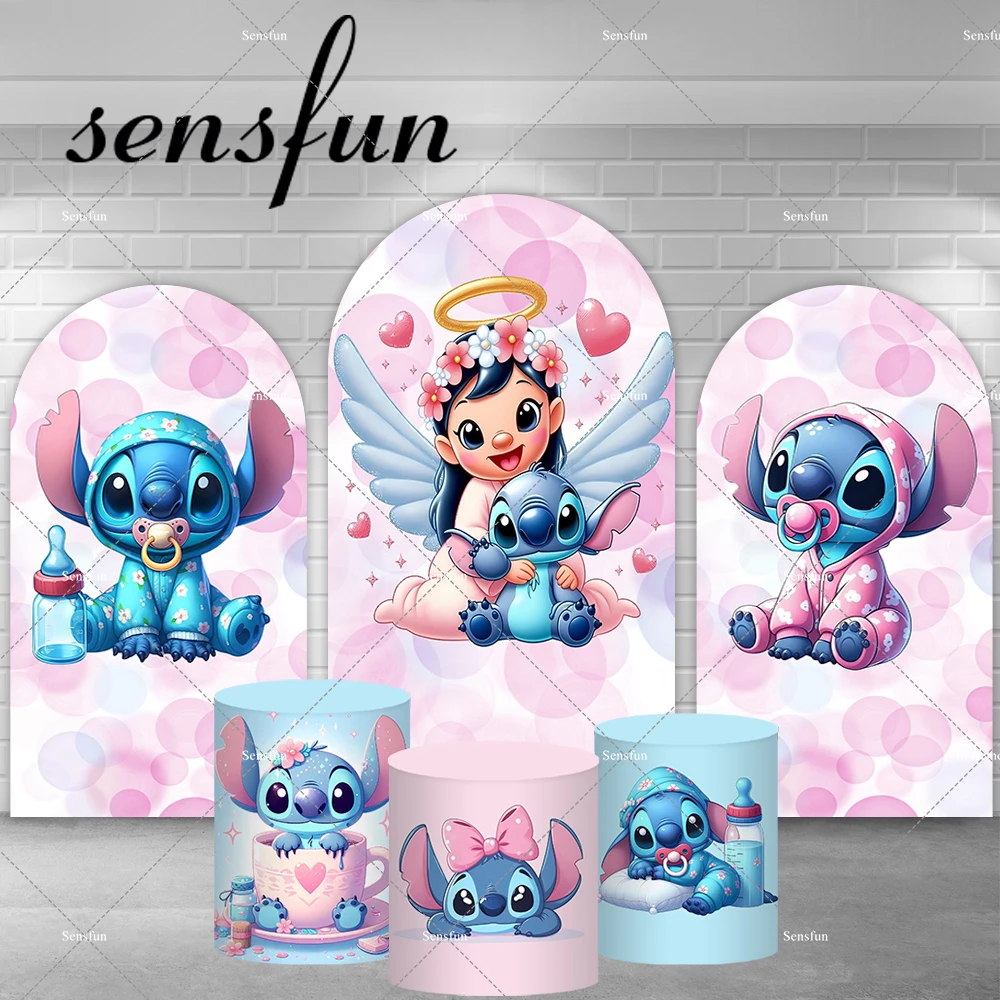 Lilo & Stitch Photo Studio Kits Pink Bokeh Angel and Pacifier Stitch Arch Backdrop Cover for Girls Baby Shower Birthday Party