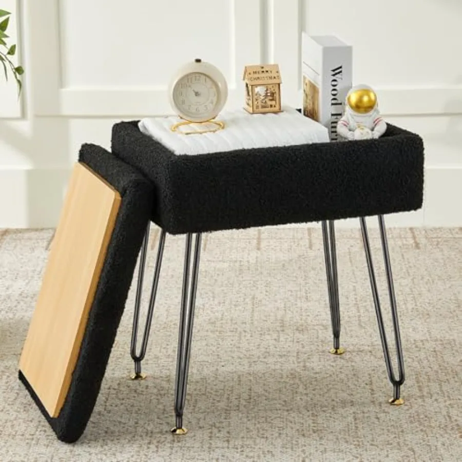 

Vanity Stool, Sherpa Vanity Stool Chair with Storage, Rec Makeup Chair Soft Padded Seat with Legs for Bedroom Black
