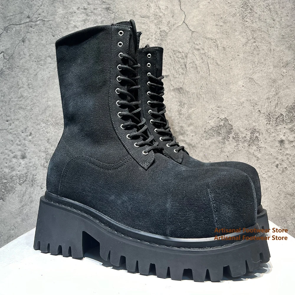 سميكة سوليد حذاء من الجلد الرجال دراجة نارية الأحذية السوداء الدنيم الارتفاع زيادة الأحذية الجلدية مصمم العصرية اليدوية الرجال الأحذية