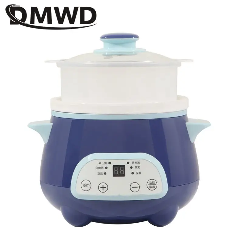 Dmwd panela elétrica doméstica, panela de sopa de 1,2l, mini panela mais lenta, caçarola de mingau, forro de porcelana branca, máquina de café da manhã