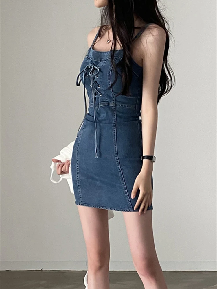 Sexy Black Vestidos De Mujer Summer Dress Y2k Vintage Lace Up Suspender Denim Dresses for Women 2024 Robe Femme Korean Mini