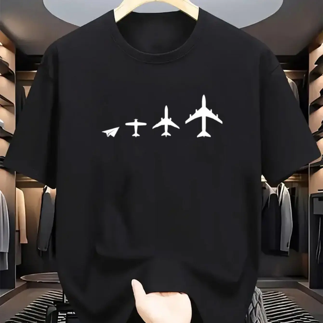 Men Cotton Crew Neck T-Shirt with Airplane Evolution Print Casual Sporty All-Season Short Sleeve Tee Slight Stretch Knit Fabric