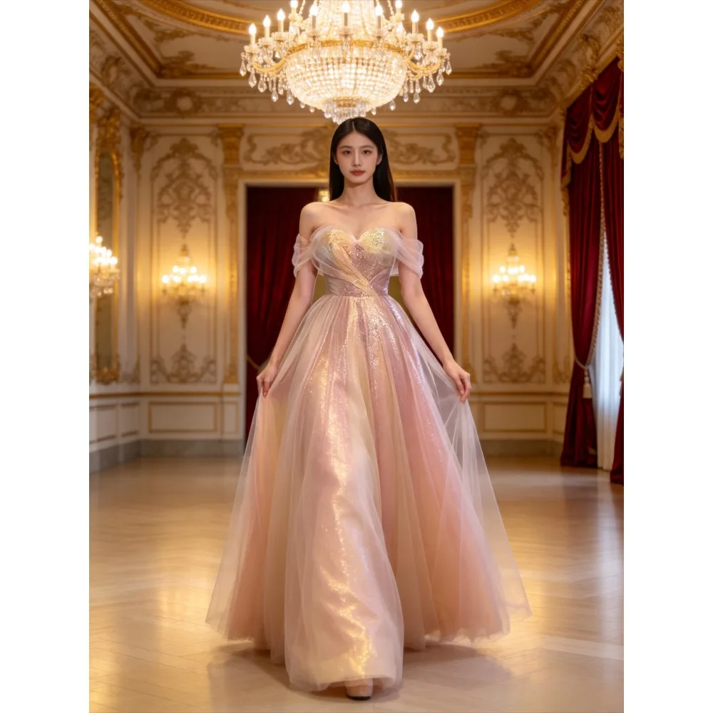Customized Off Shoulder Sweetheart Glitter Tulle Evening Dresses Women Gradient Pink Champagne A Line Floor Length Formal Prom