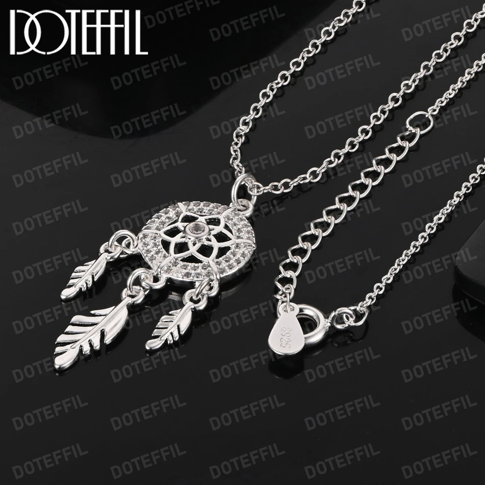 

DOTEFFIL Round Pendant Leaf Design AAA Zircon Necklace 925 Sterling Silver For Women Fashion Wedding Party Charm Jewelry